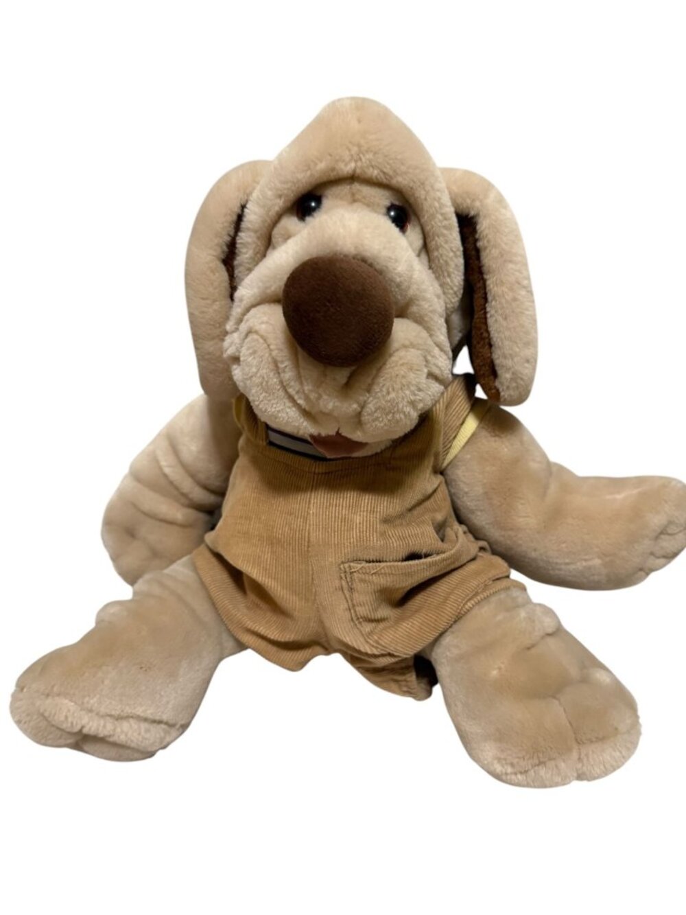 Wrinkles Plush Puppet Dogs Pair Overalls 80s Tan Brown Pretend Play - Picture 2 of 16